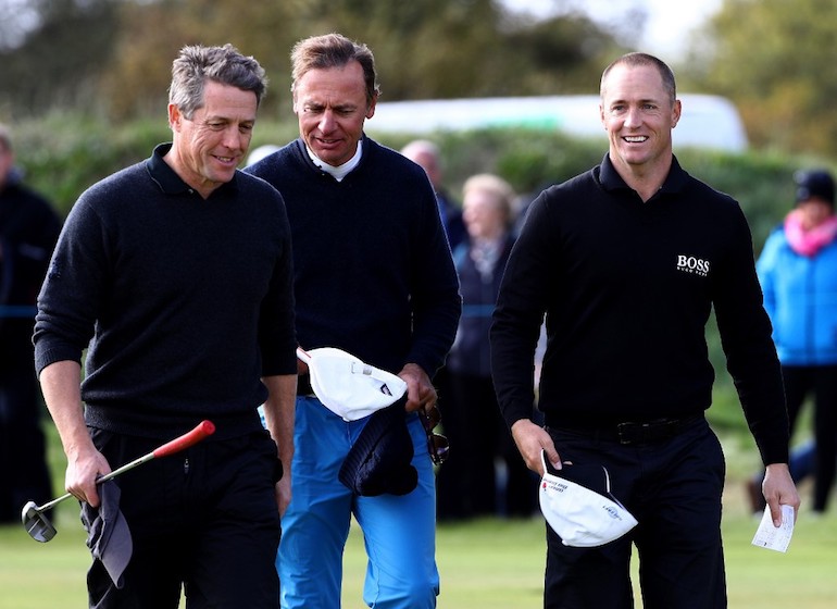 Alex Noren, Ernesto Bertarelli et Hugh Grant à St Andrews ©Ian Walton/Getty Images