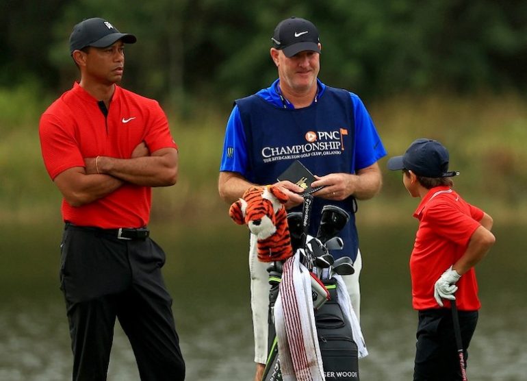 Tiger Woods Charlie Woods Joe LaCava Photo by Mike Ehrmann / GETTY IMAGES NORTH AMERICA / Getty Images via AFP