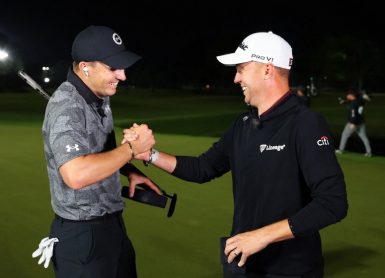 jordan-spieht-justin-thomas-tiger-woods-rory-mcilroy-the-match Photo by Mike Ehrmann / GETTY IMAGES NORTH AMERICA / Getty Images via AFP