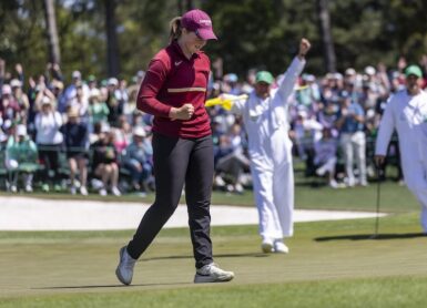 Lottie Woad of England celebrates making a birdie putt on the No. 18 green to win the Augusta National Women's Amateur at Augusta National Golf Club, Saturday, April 6, 2024.