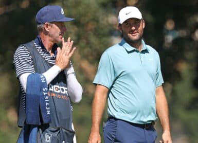 Scottie Scheffler and caddie Ted Scott Photo by JED JACOBSOHN / GETTY IMAGES NORTH AMERICA / Getty Images via AFP