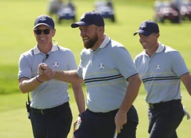 Captain Luke Donald, Shane Lowry, and Rory McIlroy of Team Europe Photo by Darren Carroll/PGA of America