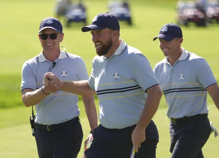 Captain Luke Donald, Shane Lowry, and Rory McIlroy of Team Europe Photo by Darren Carroll/PGA of America