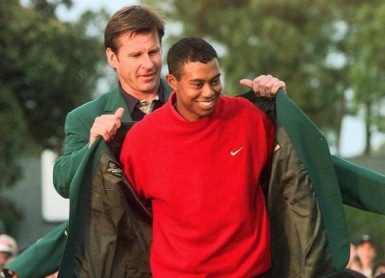 Tiger Woods Nick Faldo Photo by JEFF HAYNES / AFP