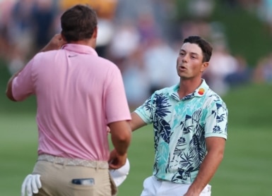 Scottie Scheffler of the United States (L) and Viktor Hovland Photo by Andrew Redington / GETTY IMAGES NORTH AMERICA / Getty Images via AFP