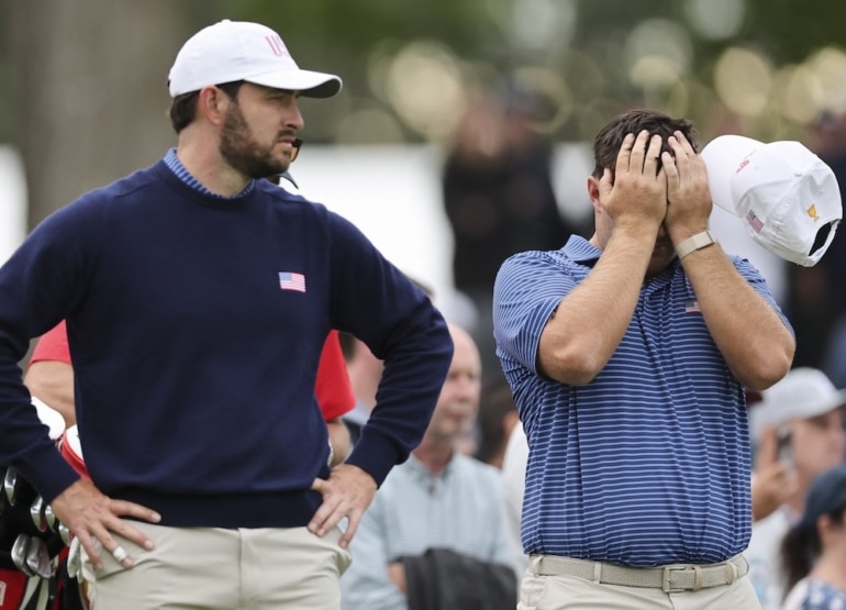 Chris Gotterup of the U.S. Team reacts next to Patrick Cantlay Photo by Michael Reaves / GETTY IMAGES NORTH AMERICA / Getty Images via AFP